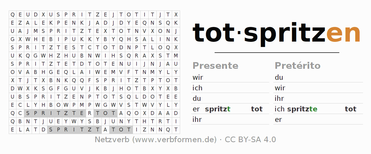 Caça-palavras com a conjugação do verbo totspritzen
