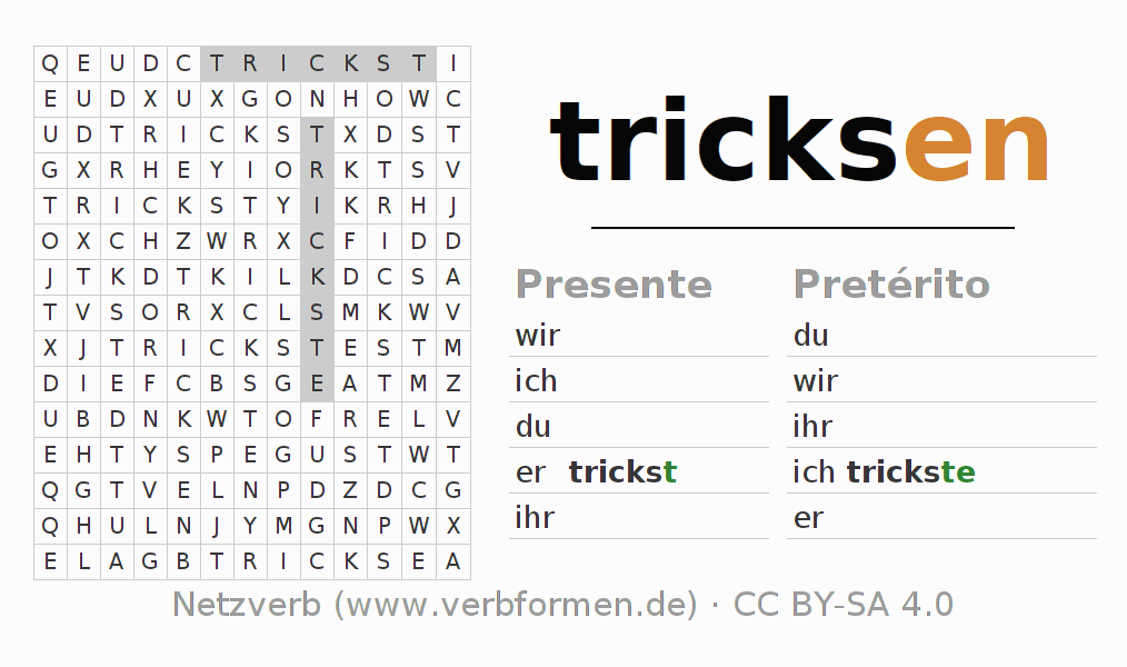 Caça-palavras com a conjugação do verbo tricksen