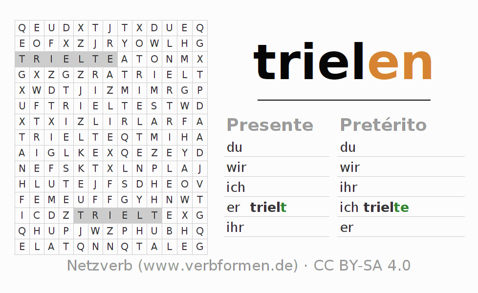 Caça-palavras com a conjugação do verbo trielen