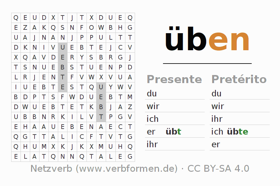 Caça-palavras com a conjugação do verbo üben