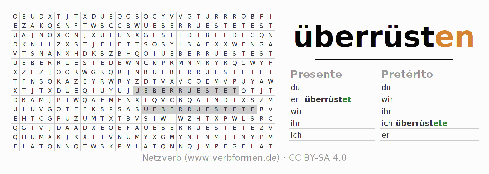 Caça-palavras com a conjugação do verbo überrüsten