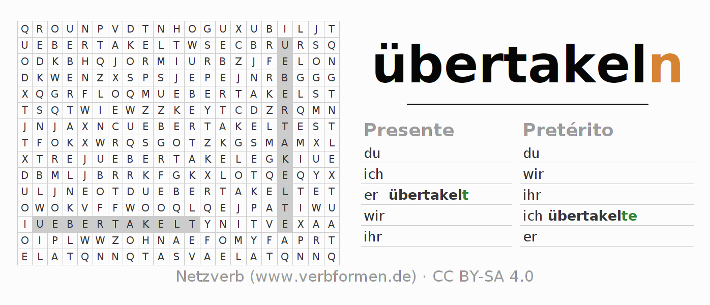 Caça-palavras com a conjugação do verbo übertakeln