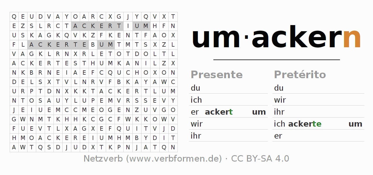 Caça-palavras com a conjugação do verbo umackern