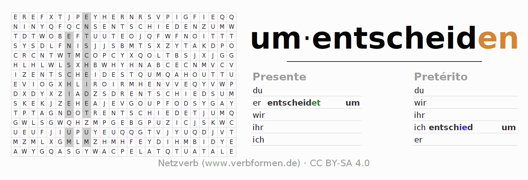 Caça-palavras com a conjugação do verbo umentscheiden