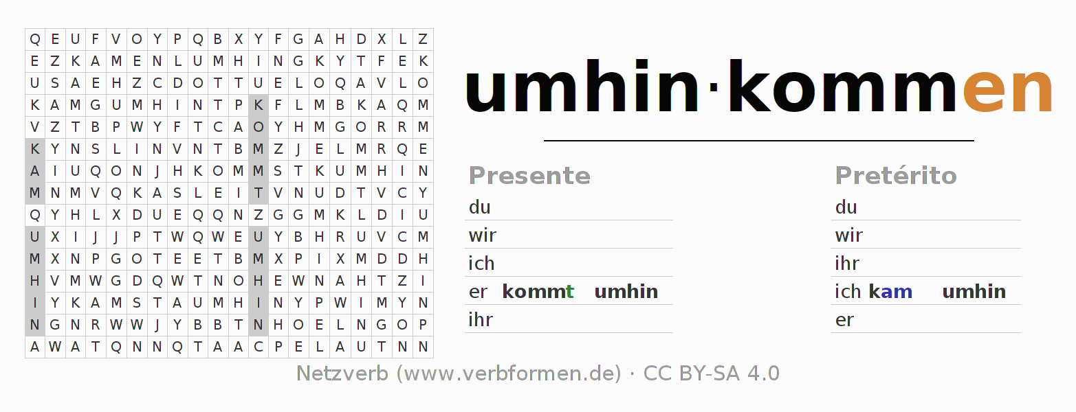 Caça-palavras com a conjugação do verbo umhinkommen