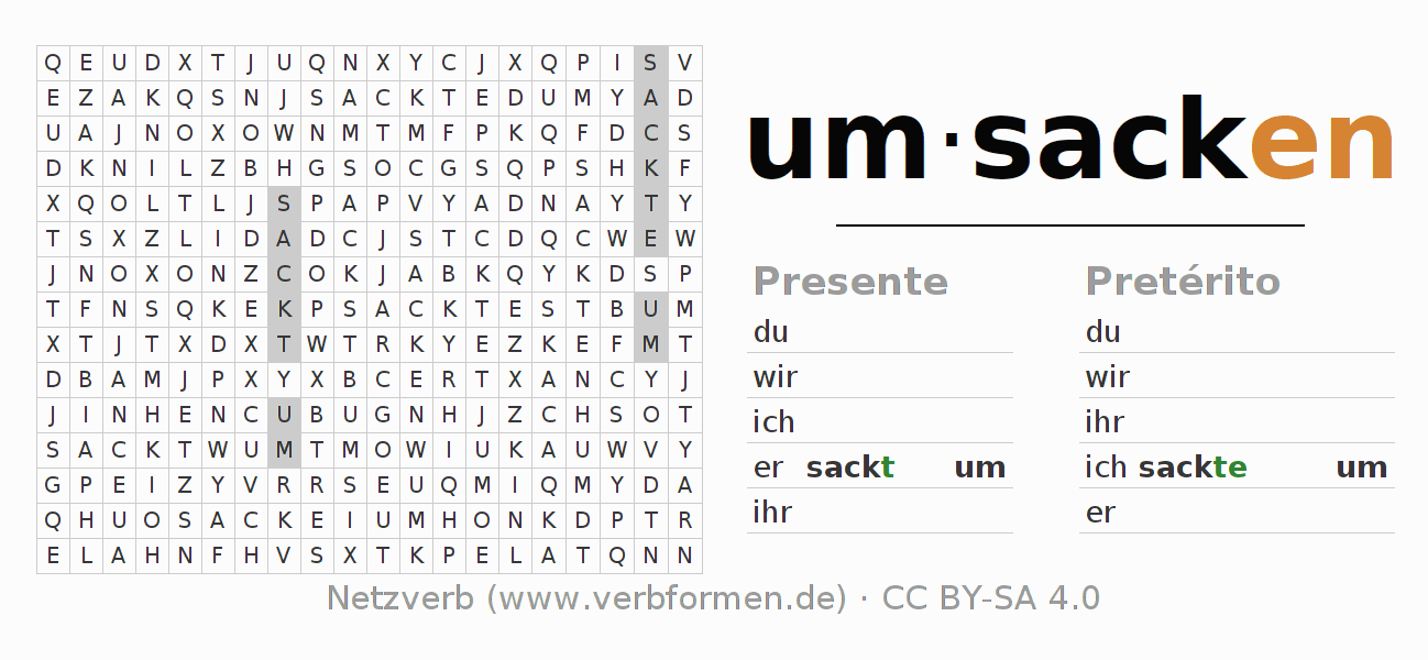 Caça-palavras com a conjugação do verbo umsacken (ist)