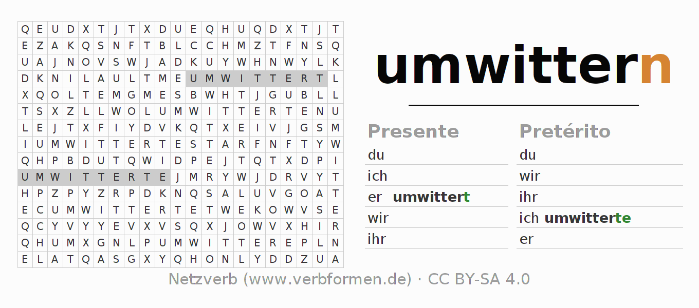 Caça-palavras com a conjugação do verbo umwittern