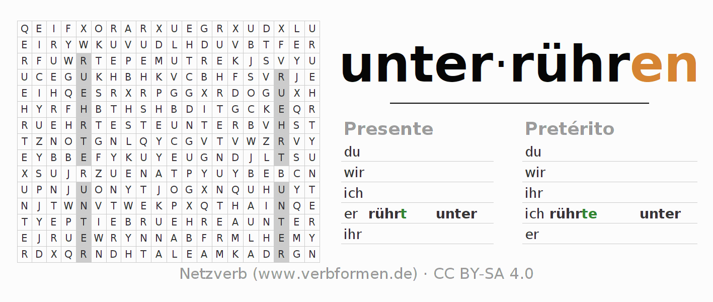Caça-palavras com a conjugação do verbo unterrühren