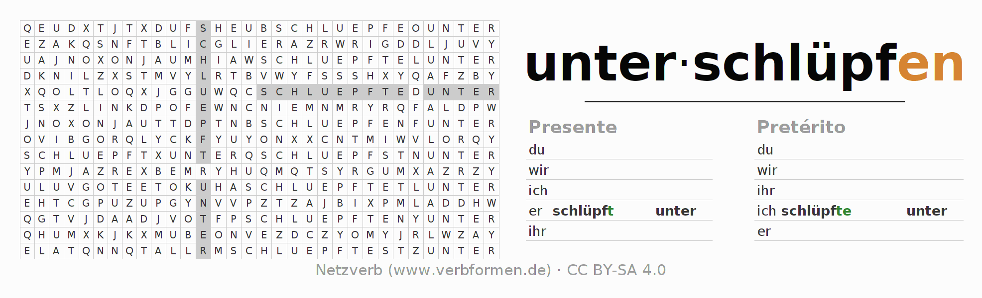Caça-palavras com a conjugação do verbo unterschlüpfen
