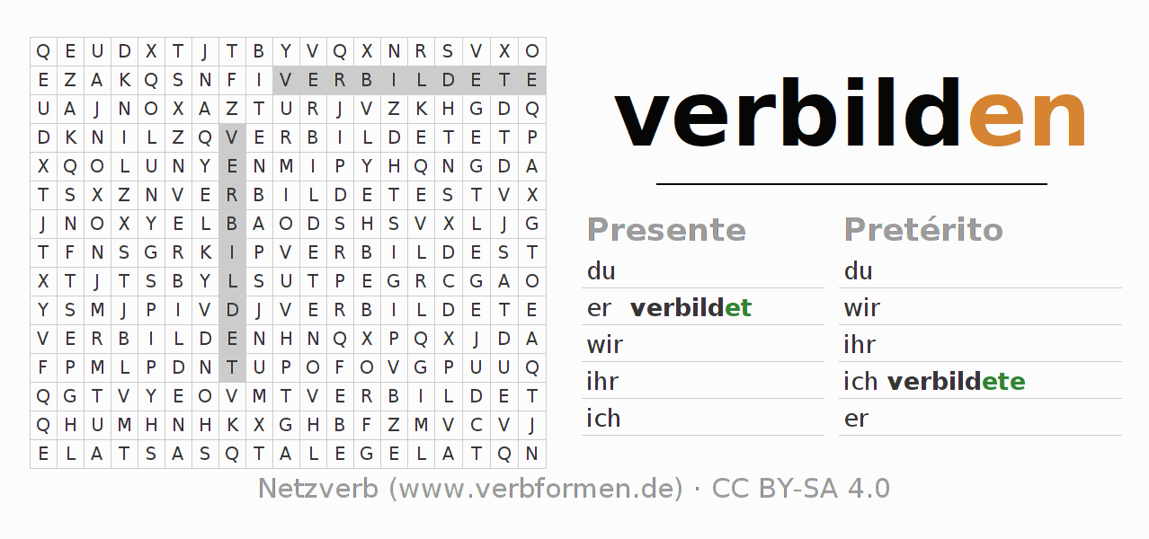 Caça-palavras com a conjugação do verbo verbilden
