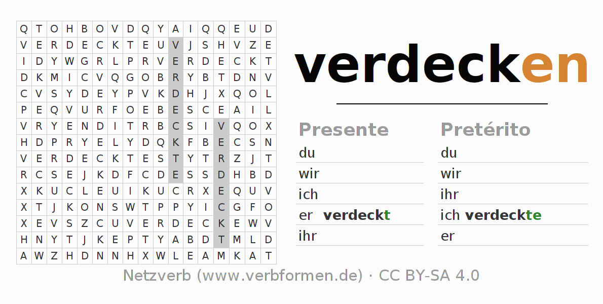 Caça-palavras com a conjugação do verbo verdecken