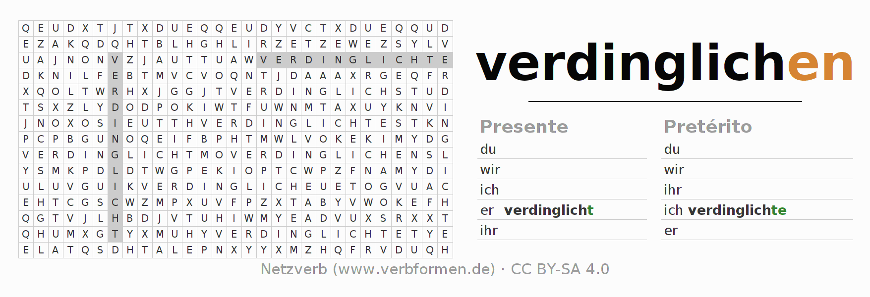 Caça-palavras com a conjugação do verbo verdinglichen