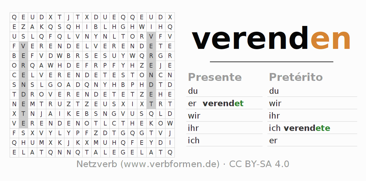 Caça-palavras com a conjugação do verbo verenden