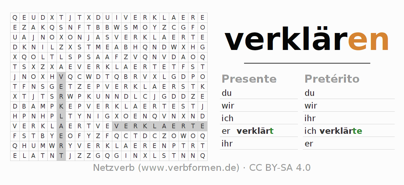 Caça-palavras com a conjugação do verbo verklären