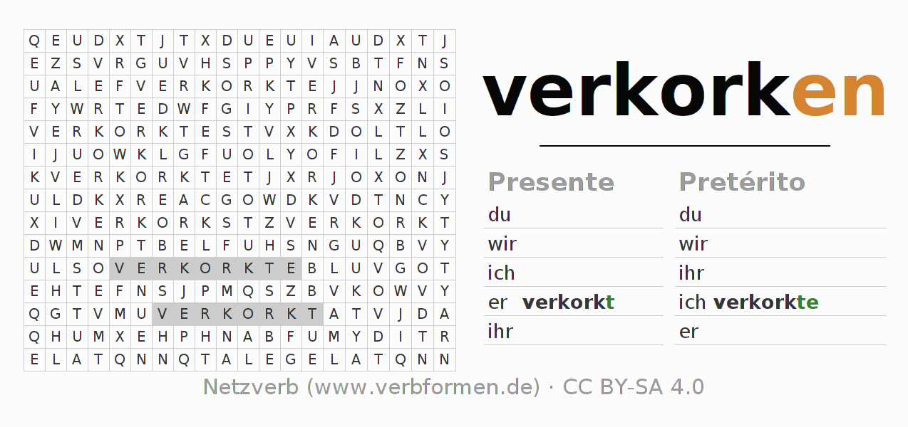 Caça-palavras com a conjugação do verbo verkorken (hat)
