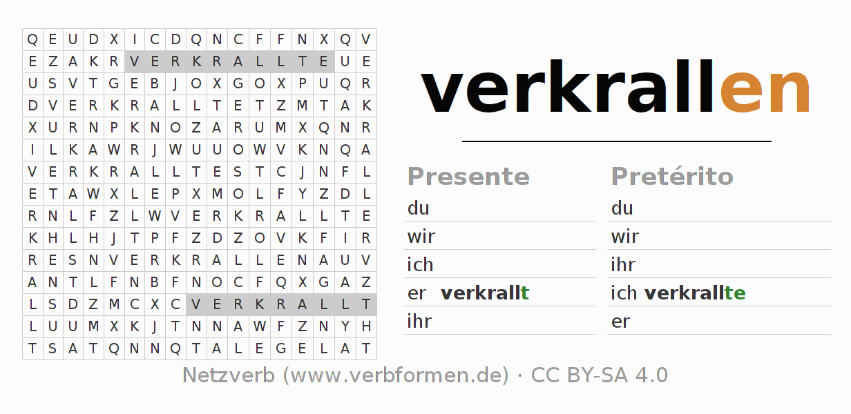 Caça-palavras com a conjugação do verbo verkrallen