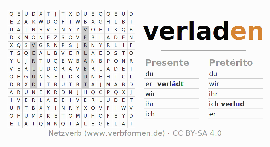 Caça-palavras com a conjugação do verbo verladen