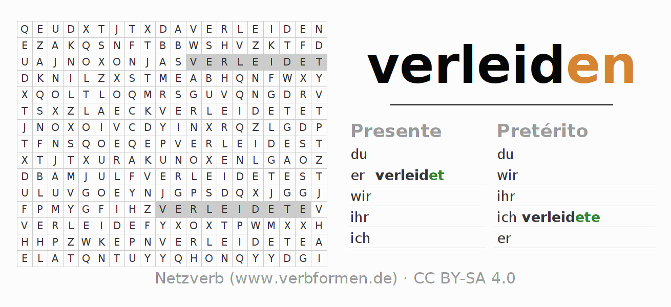 Caça-palavras com a conjugação do verbo verleiden