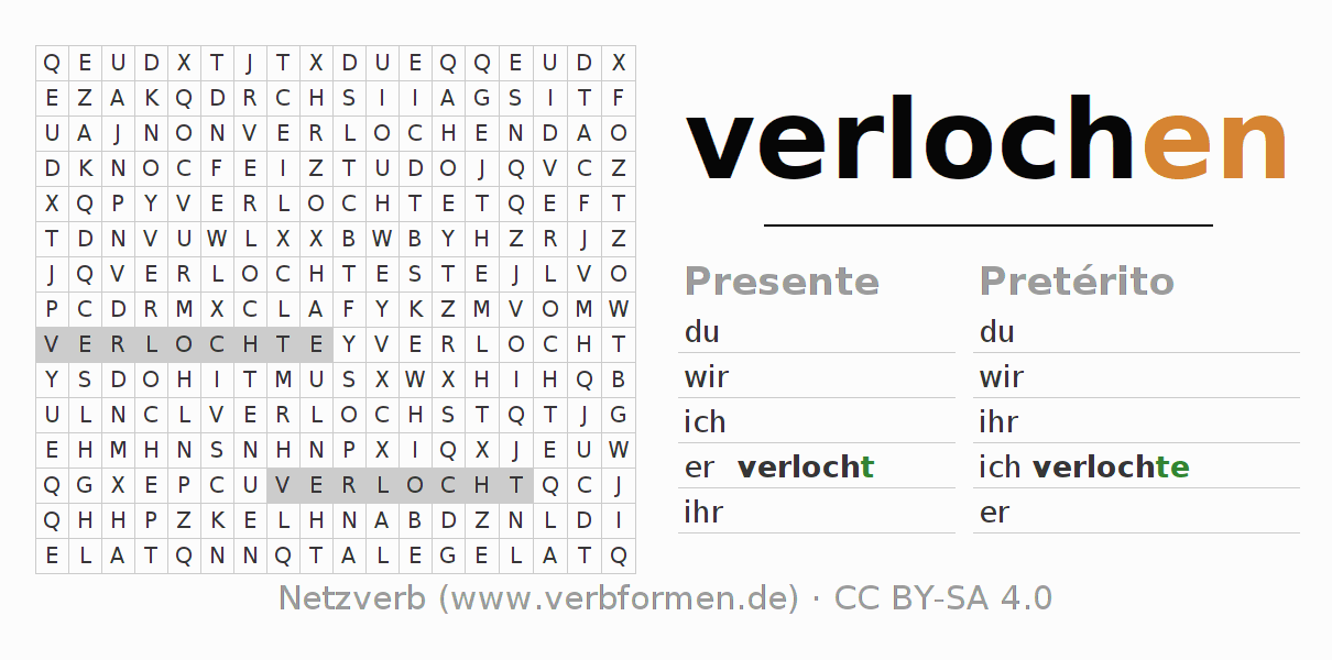 Caça-palavras com a conjugação do verbo verlochen