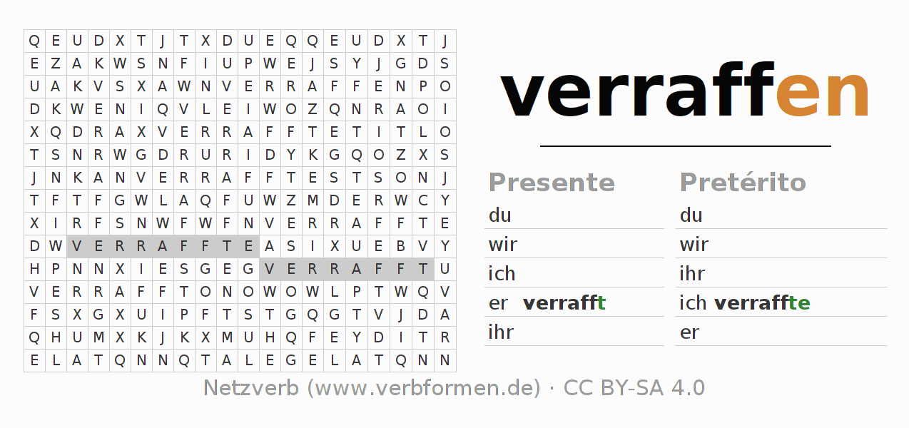 Caça-palavras com a conjugação do verbo verraffen