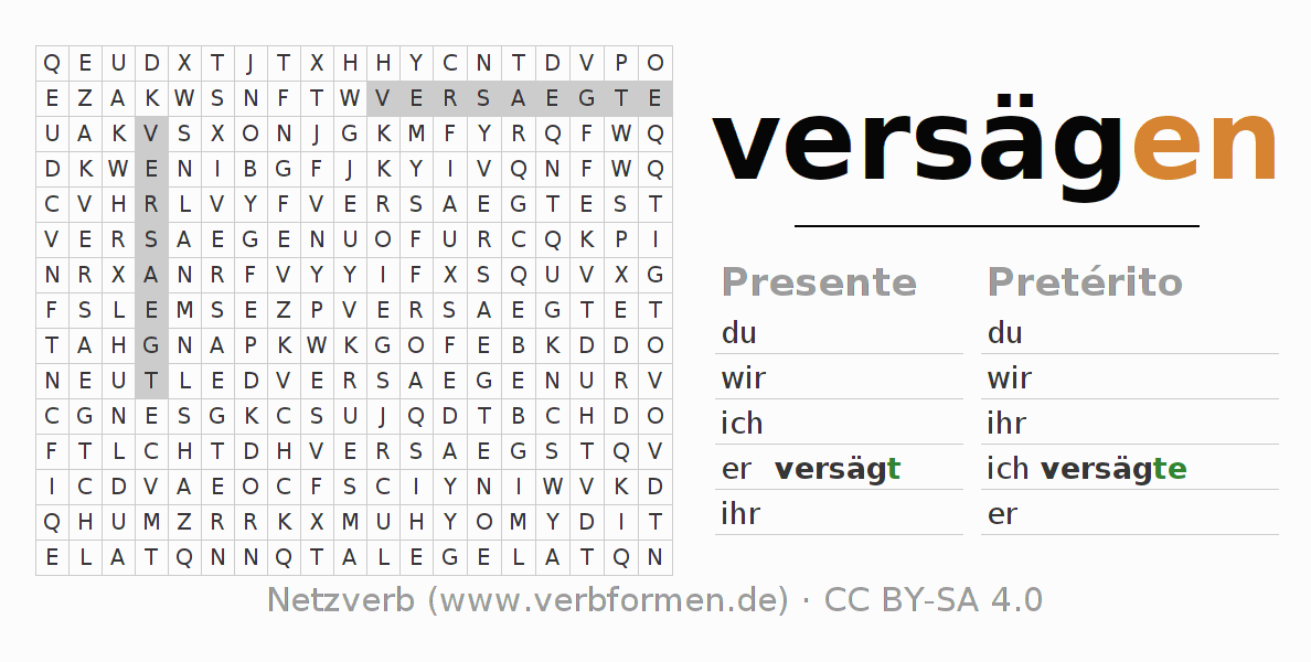 Caça-palavras com a conjugação do verbo versägen