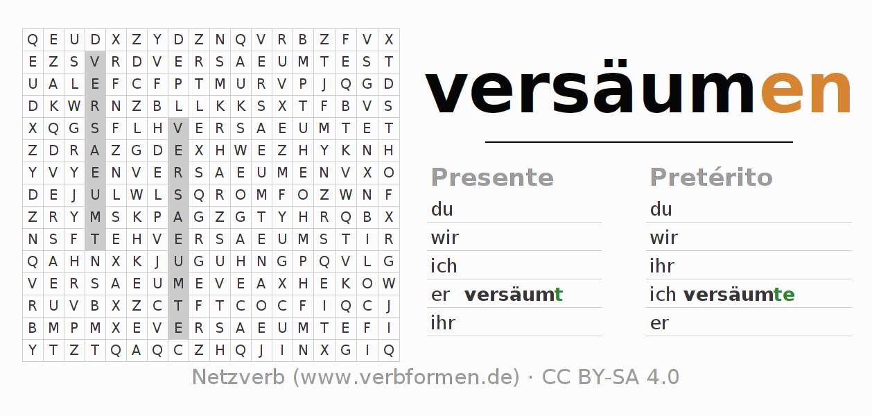 Caça-palavras com a conjugação do verbo versäumen