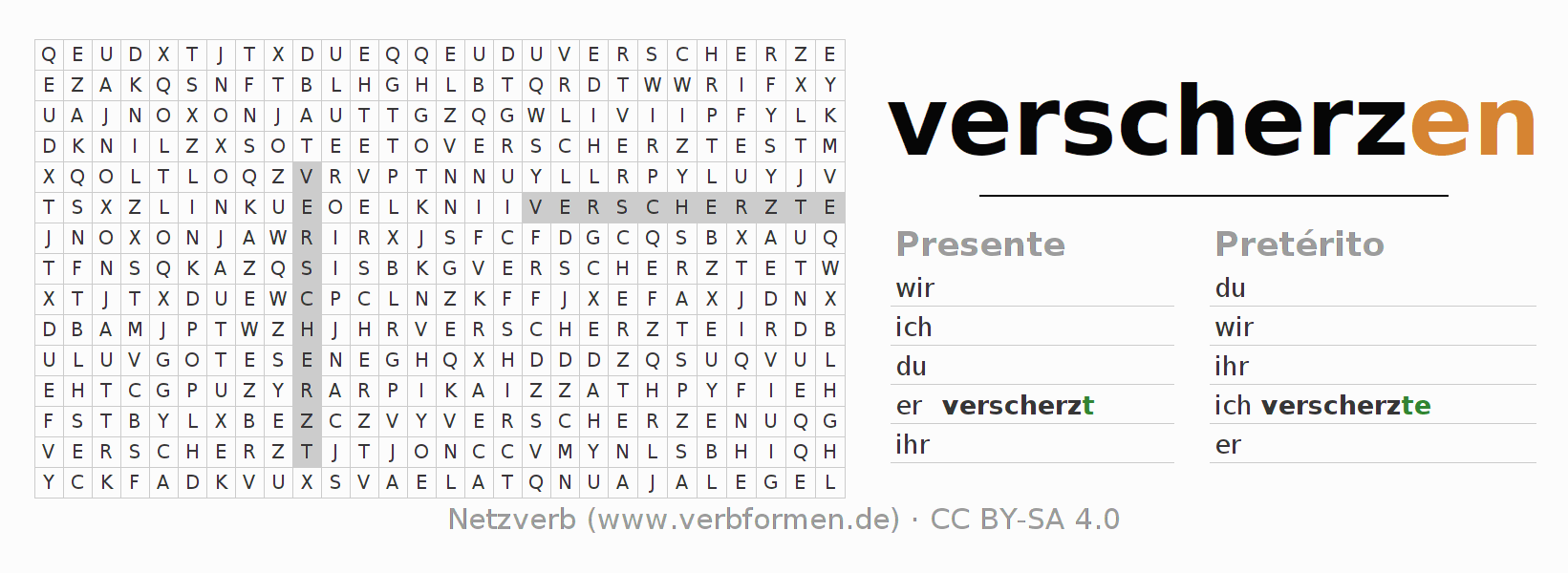 Caça-palavras com a conjugação do verbo verscherzen