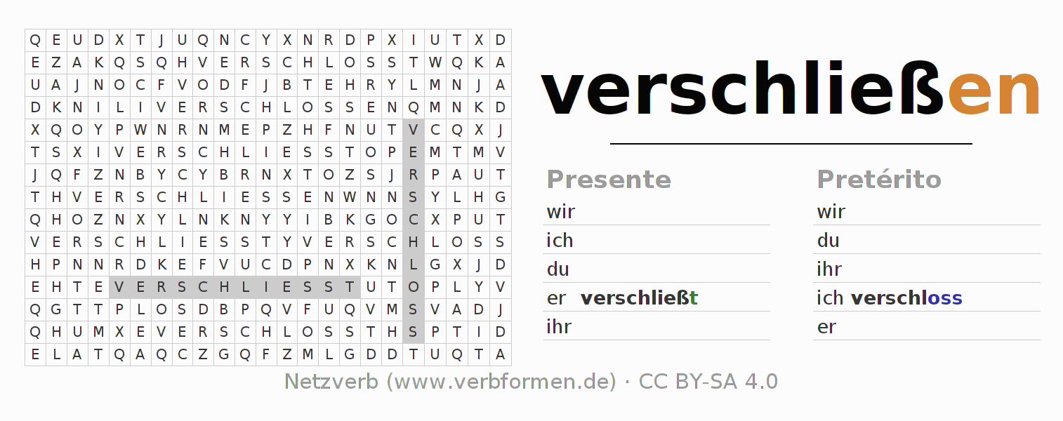 Caça-palavras com a conjugação do verbo verschließen
