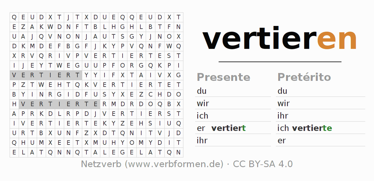 Caça-palavras com a conjugação do verbo vertieren