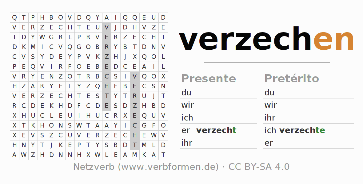 Caça-palavras com a conjugação do verbo verzechen