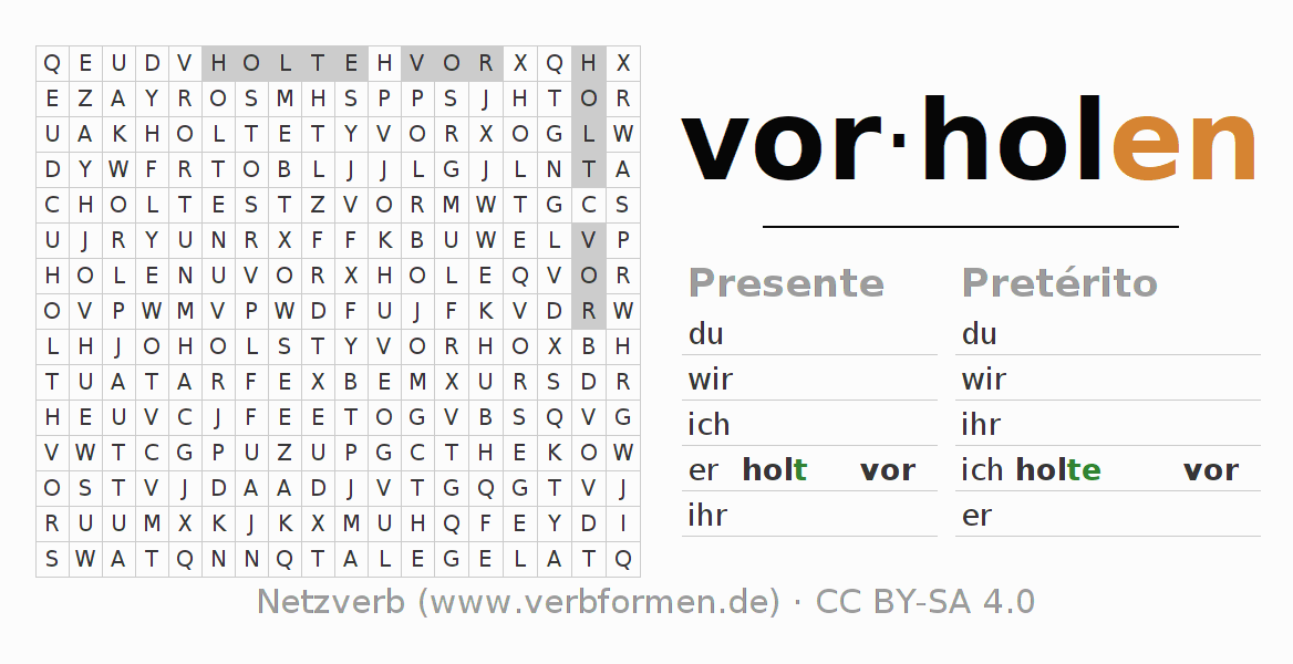 Caça-palavras com a conjugação do verbo vorholen
