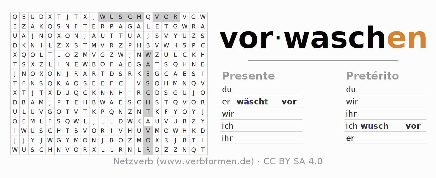 Caça-palavras com a conjugação do verbo vorwaschen