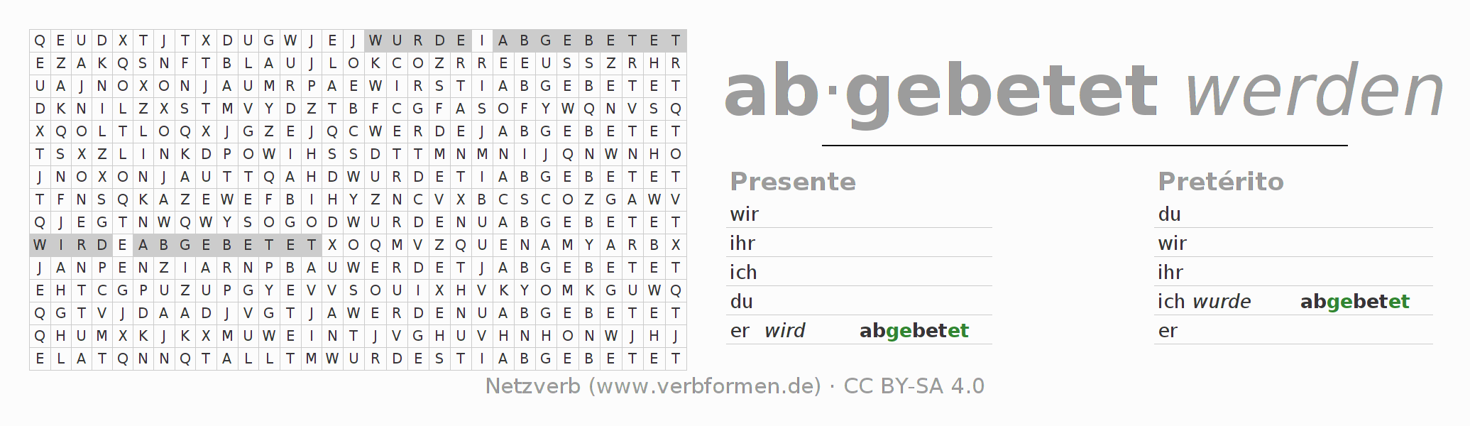 Caça-palavras com a conjugação do verbo abbeten