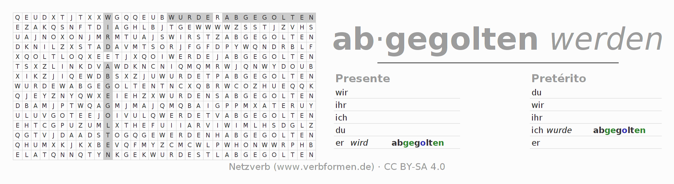 Caça-palavras com a conjugação do verbo abgelten