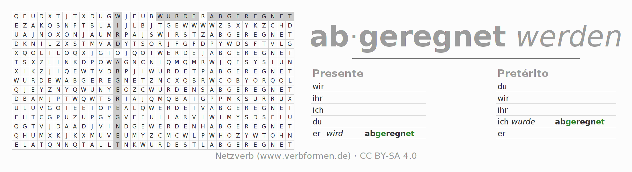 Caça-palavras com a conjugação do verbo abregnen