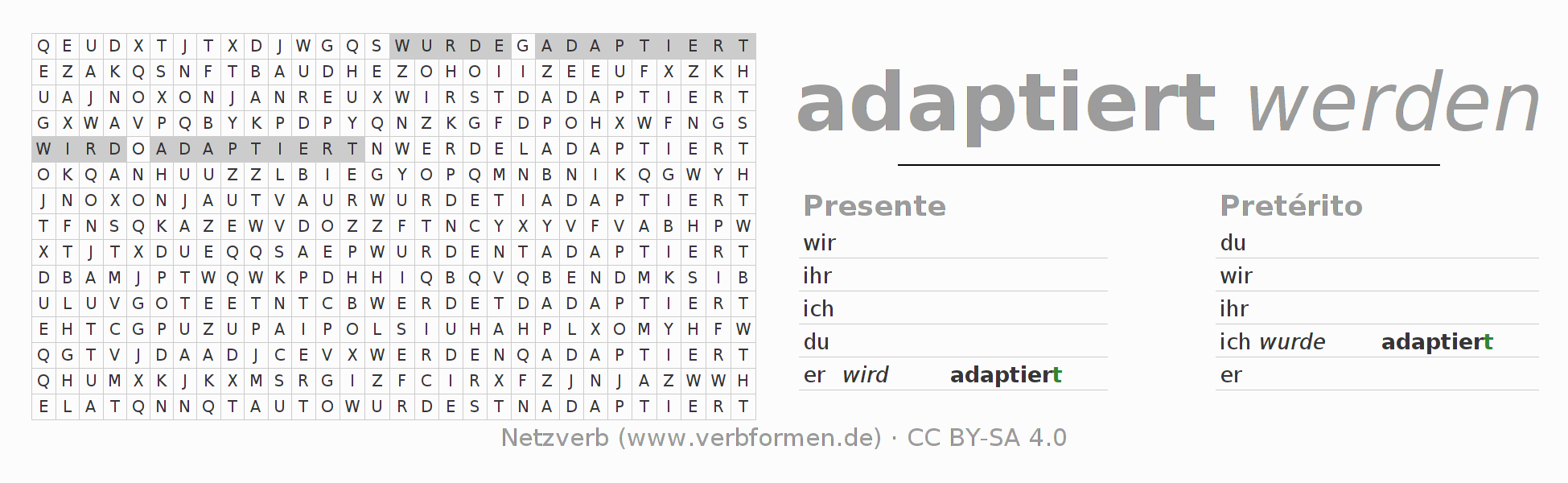 Caça-palavras com a conjugação do verbo adaptieren