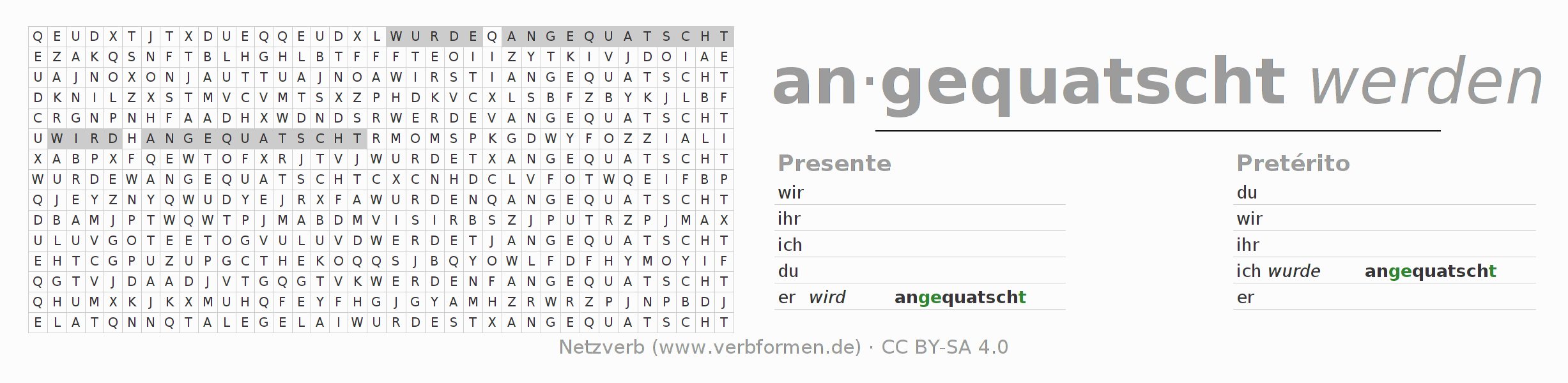 Caça-palavras com a conjugação do verbo anquatschen