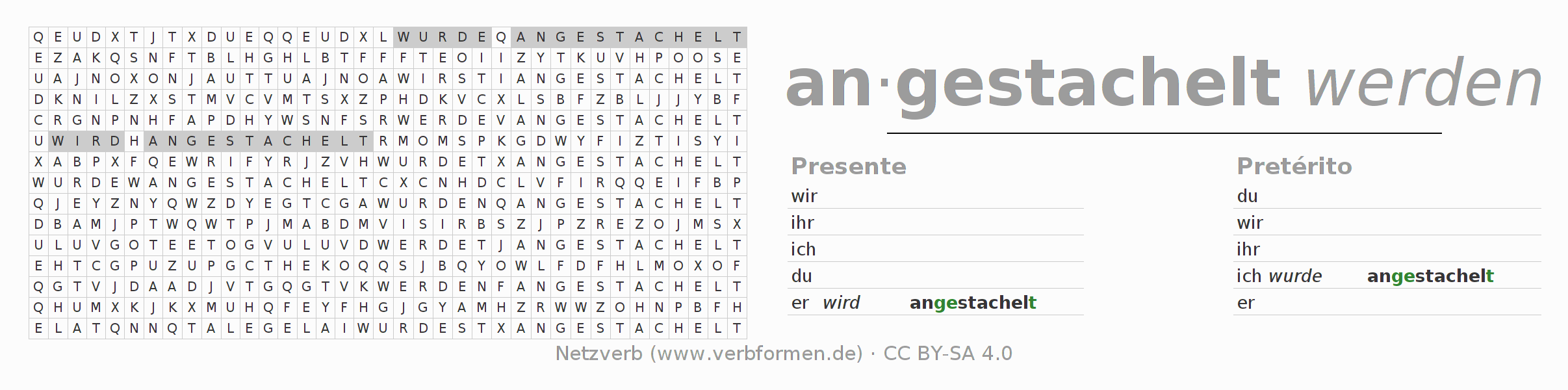 Caça-palavras com a conjugação do verbo anstacheln