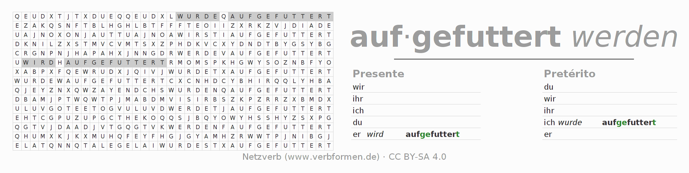 Caça-palavras com a conjugação do verbo auffuttern