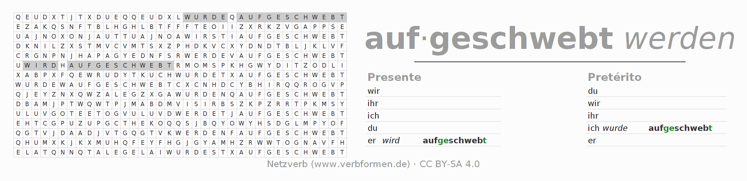 Caça-palavras com a conjugação do verbo aufschweben