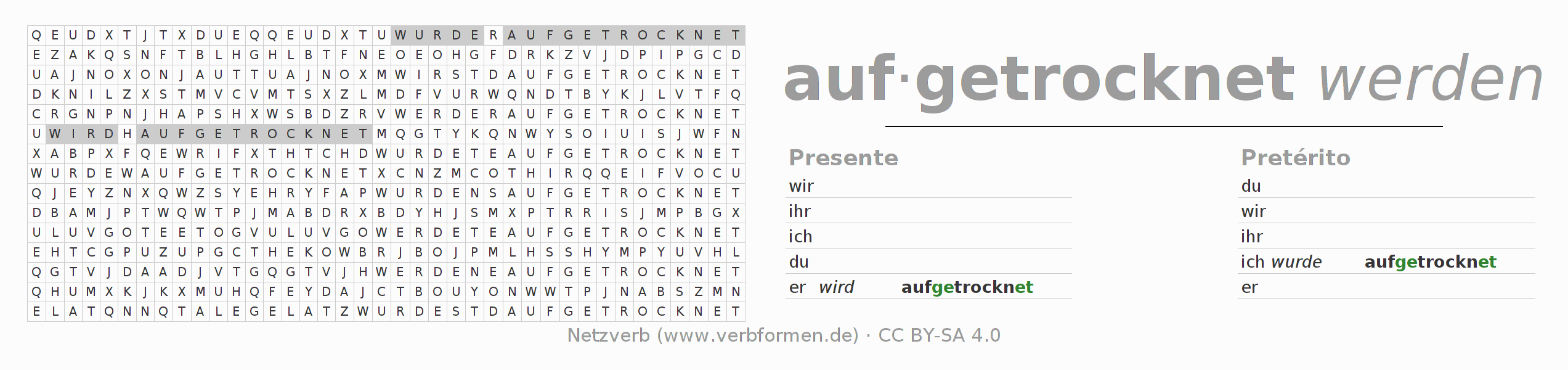 Caça-palavras com a conjugação do verbo auftrocknen (hat)