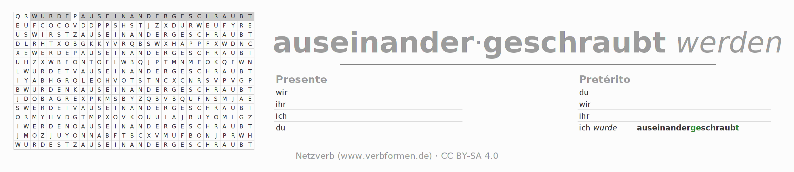 Caça-palavras com a conjugação do verbo auseinanderschrauben