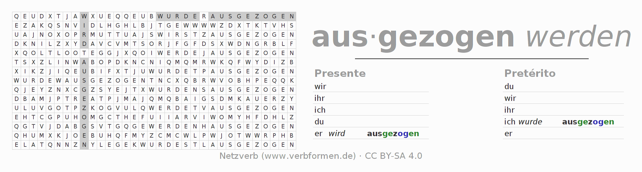 Caça-palavras com a conjugação do verbo ausziehen (ist)
