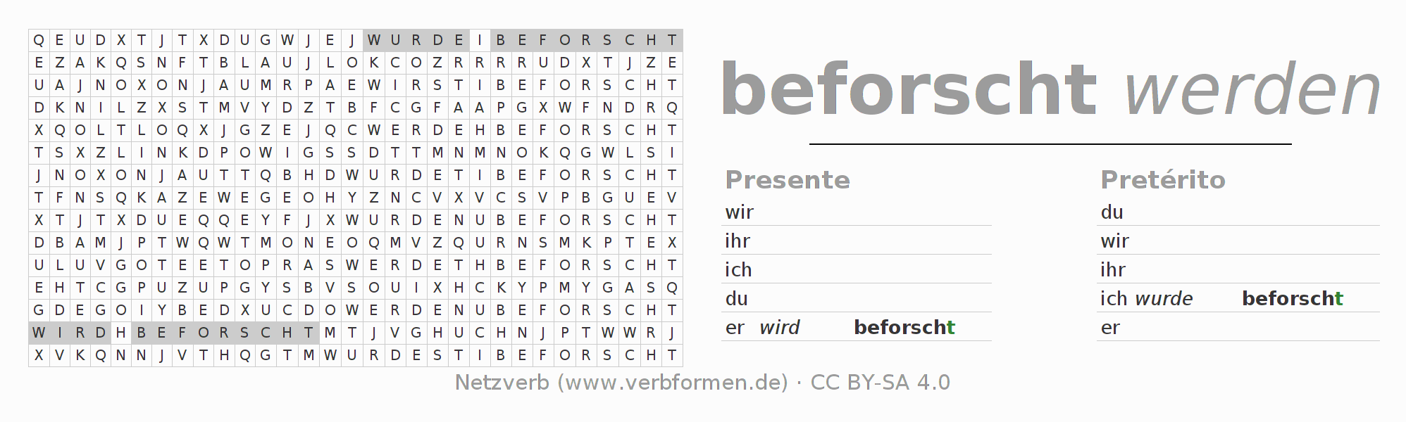 Caça-palavras com a conjugação do verbo beforschen