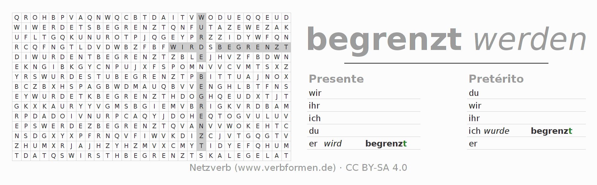 Caça-palavras com a conjugação do verbo begrenzen