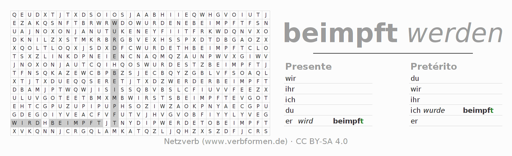Caça-palavras com a conjugação do verbo beimpfen