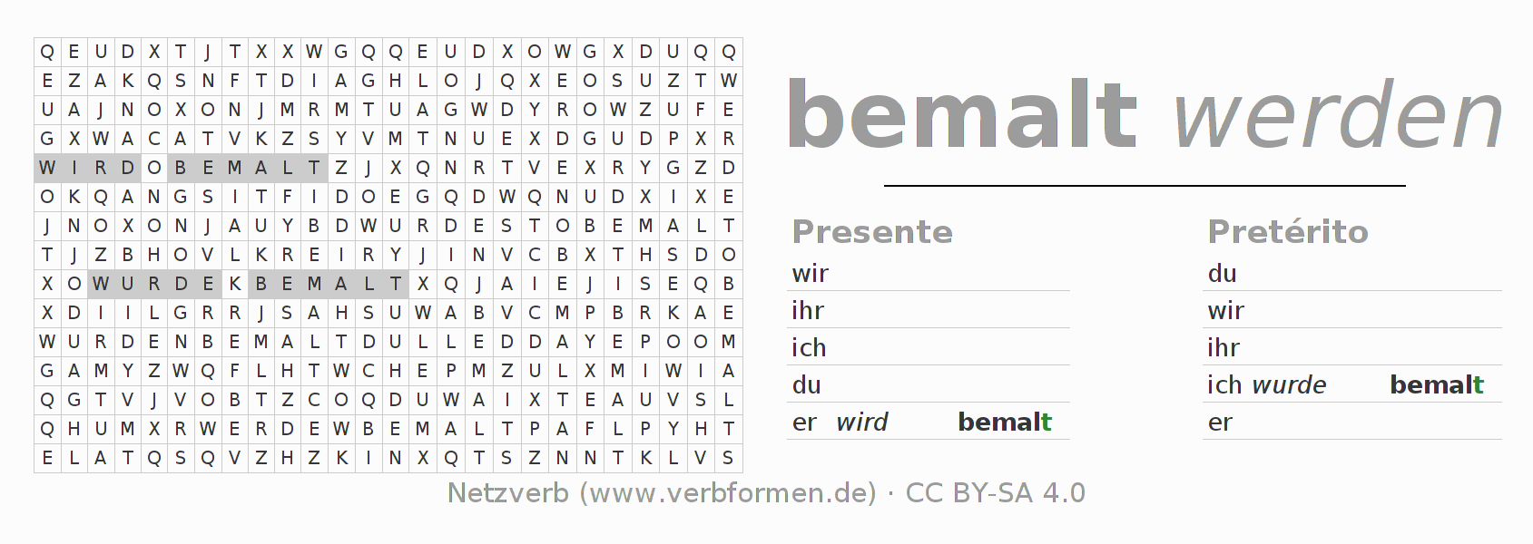 Caça-palavras com a conjugação do verbo bemalen