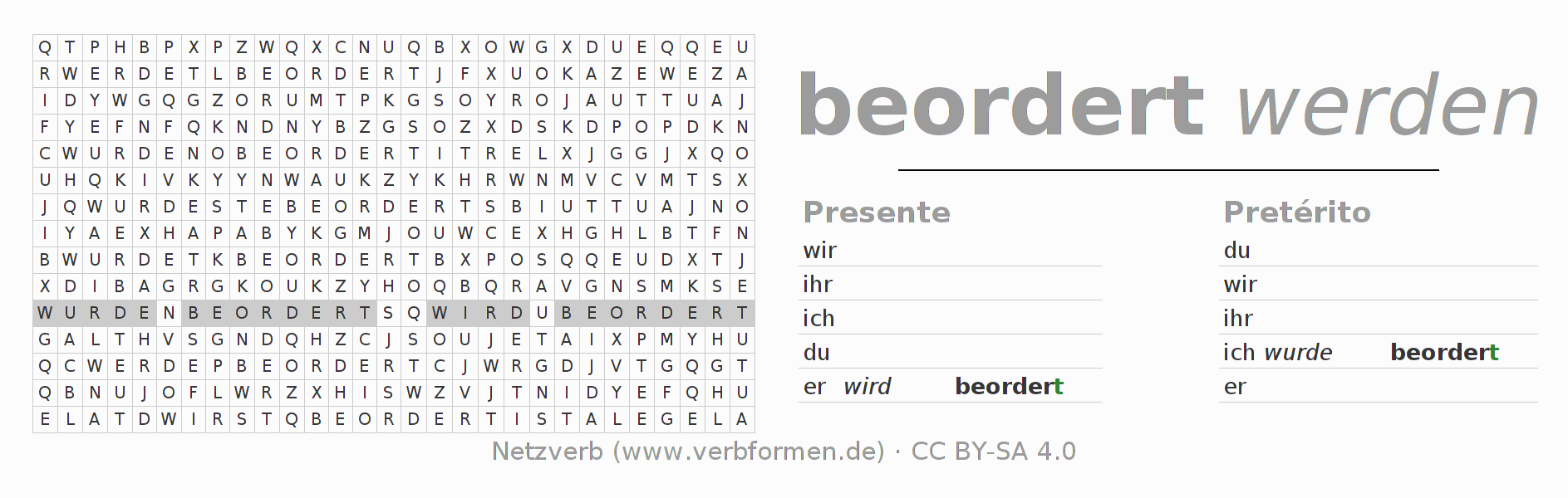 Caça-palavras com a conjugação do verbo beordern