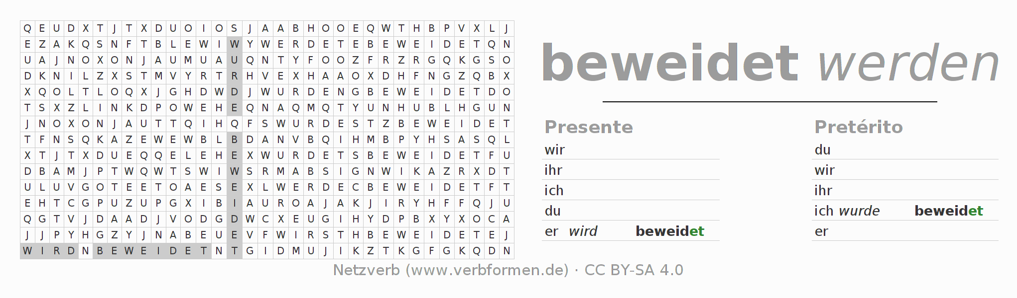 Caça-palavras com a conjugação do verbo beweiden