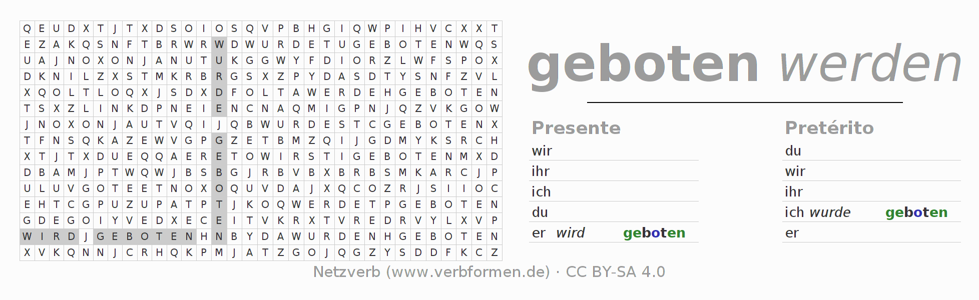 Caça-palavras com a conjugação do verbo bieten